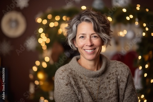 Portrait of a smiling middle-aged woman in front of a Christmas tree