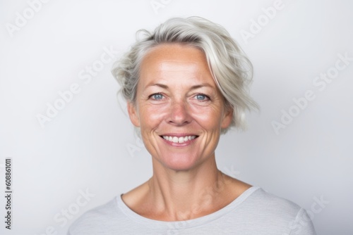 Lifestyle portrait photography of a pleased woman in her 40s that is placed against a white background . Generative AI