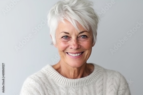 Close up portrait of smiling senior woman with grey hair, looking at camera and smiling while standing against grey background
