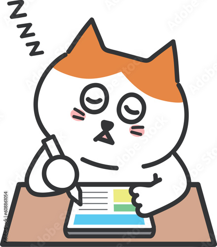 Orange tabby cartoon cat falling asleep using tablet PC, vector illustration.