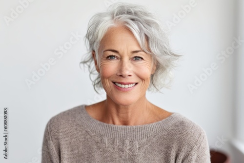 Portrait of a happy senior woman smiling at the camera with copy space