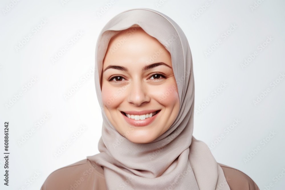 Portrait of beautiful young muslim woman wearing hijab over white background Portrait of beautiful young muslim woman wearing hijab over white background