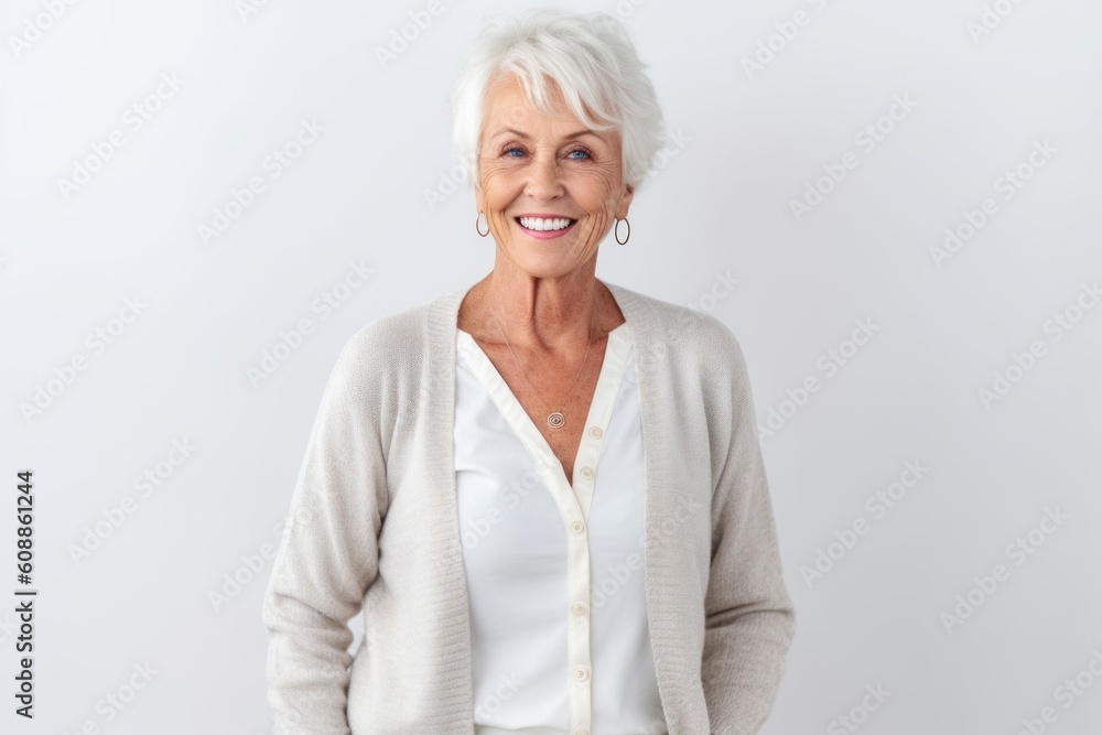 Portrait of a happy senior woman smiling at camera over white background Portrait of a happy senior woman smiling at camera over white background