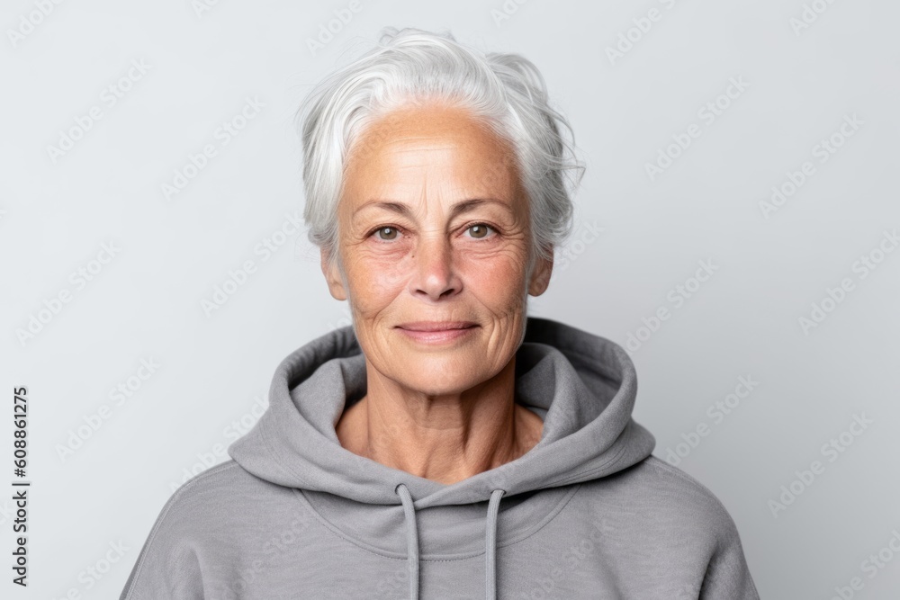 Medium shot portrait photography of a satisfied woman in her 60s that is wearing a stylish hoodie against a white background . Generative AI Medium shot portrait photography of a satisfied woman in her 60s that is wearing a stylish hoodie against a white background . Generative AI