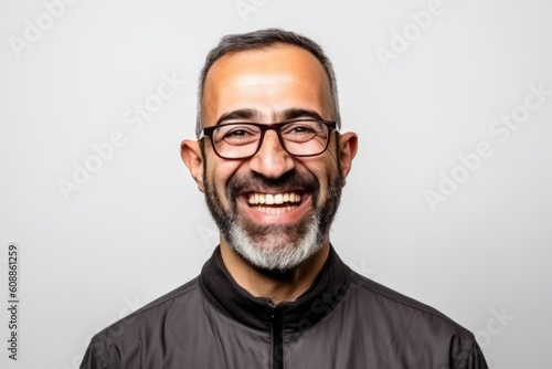 Portrait of a smiling bearded man with glasses on a white background