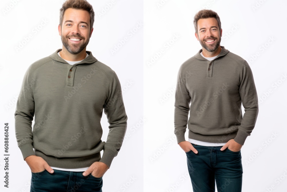 Front and back view of a handsome young man wearing a blank grey sweatshirt, isolated on a white background. Front and back view of a handsome young man wearing a blank grey sweatshirt, isolated on a white background.