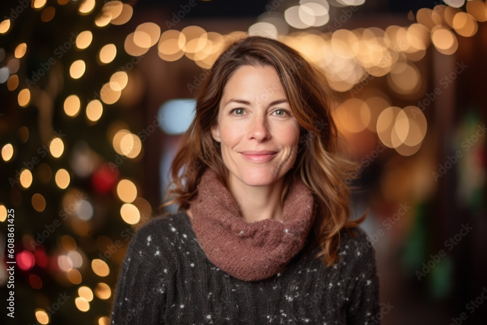 Portrait of a middle-aged woman in a knitted sweater on a background of Christmas lights. Portrait of a middle-aged woman in a knitted sweater on a background of Christmas lights.