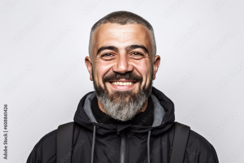 Handsome man with beard and mustache smiling on a white background Handsome man with beard and mustache smiling on a white background