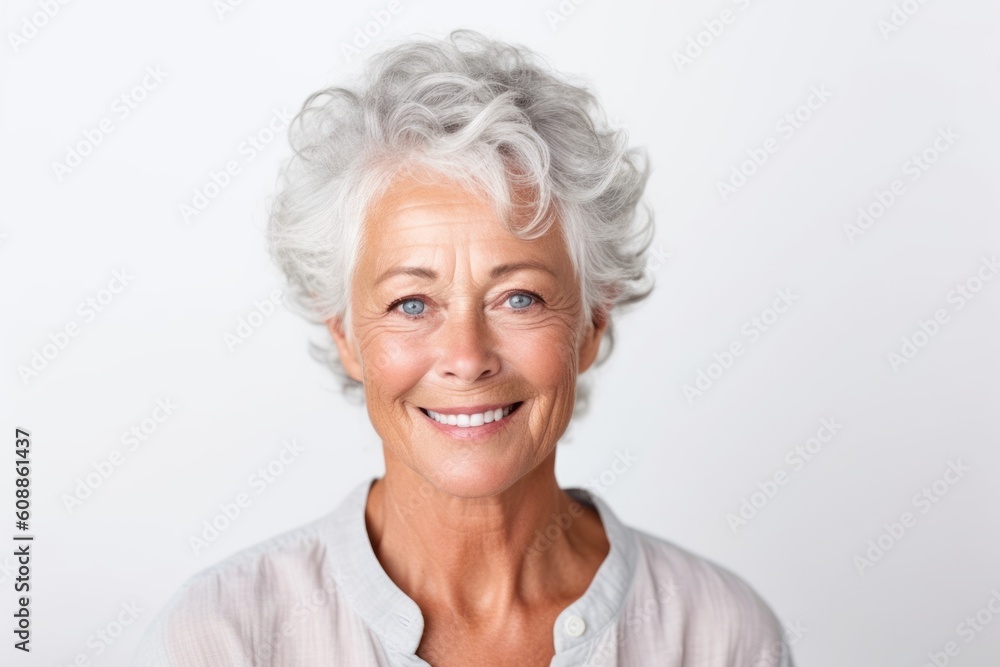 Portrait of a happy senior woman smiling at camera over white background Portrait of a happy senior woman smiling at camera over white background