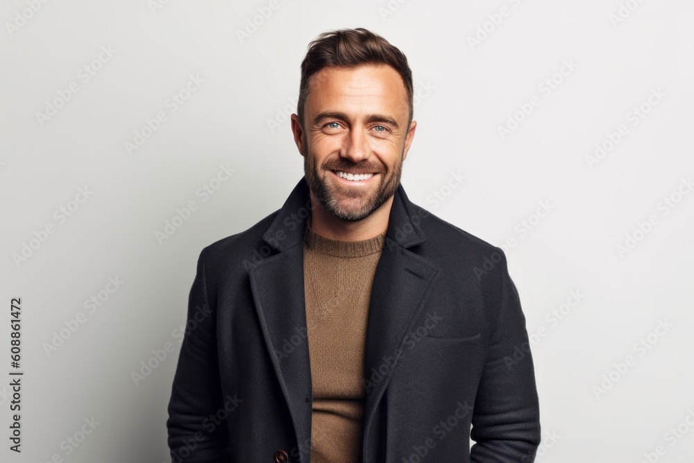 Portrait of a handsome young man in coat smiling at camera while standing against grey background Portrait of a handsome young man in coat smiling at camera while standing against grey background