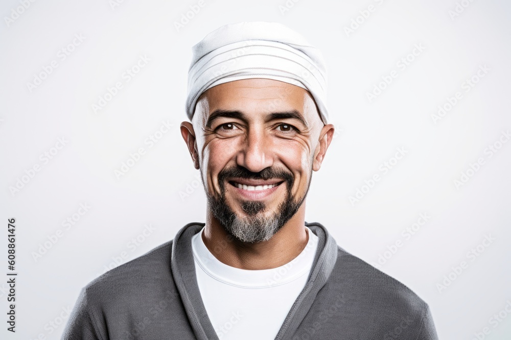 Portrait of a smiling arabic man wearing headband isolated on a white background Portrait of a smiling arabic man wearing headband isolated on a white background