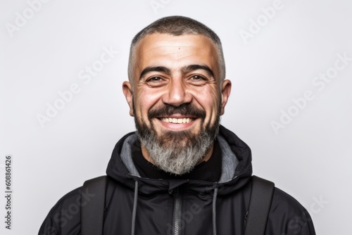 Handsome man with beard and mustache smiling on a white background