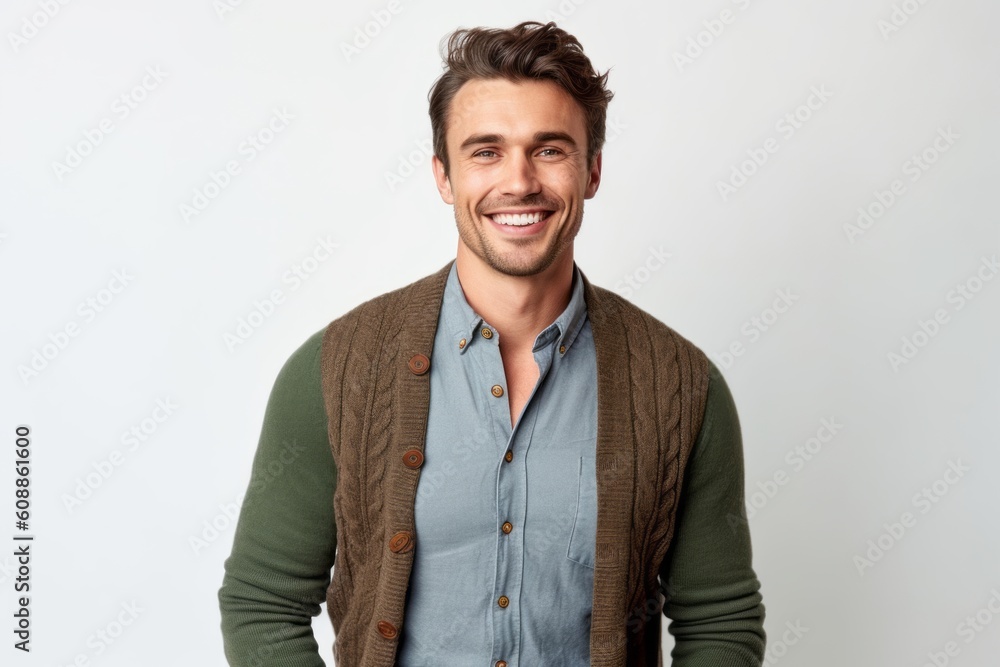 Portrait of a handsome young man smiling and looking at camera over white background Portrait of a handsome young man smiling and looking at camera over white background