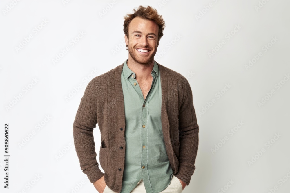 Handsome young man smiling and looking at camera while standing against white background Handsome young man smiling and looking at camera while standing against white background