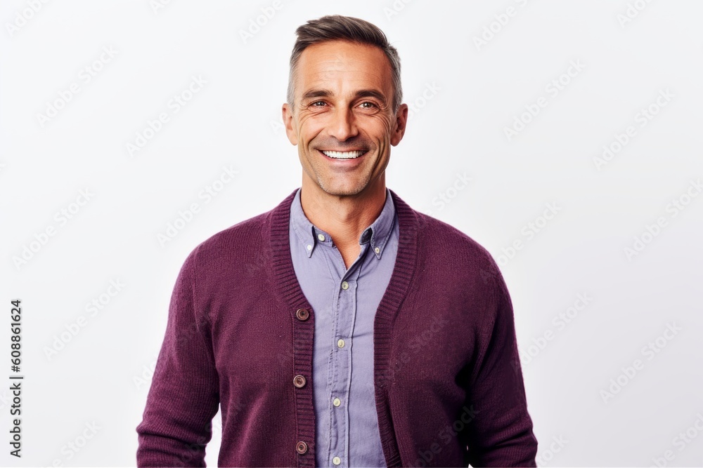 Portrait of a handsome mature man smiling at the camera while standing against white background Portrait of a handsome mature man smiling at the camera while standing against white background