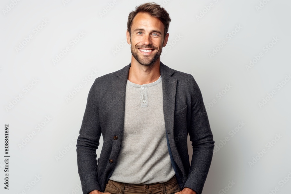Portrait of a smiling man standing with hands in pockets on white background Portrait of a smiling man standing with hands in pockets on white background