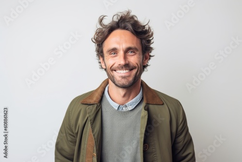 Portrait of a handsome man with curly hair smiling at camera isolated on a white background