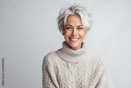 Portrait of happy middle-aged woman in sweater looking at camera