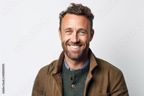 Portrait of a handsome man smiling and looking at camera over white background © Robert MEYNER