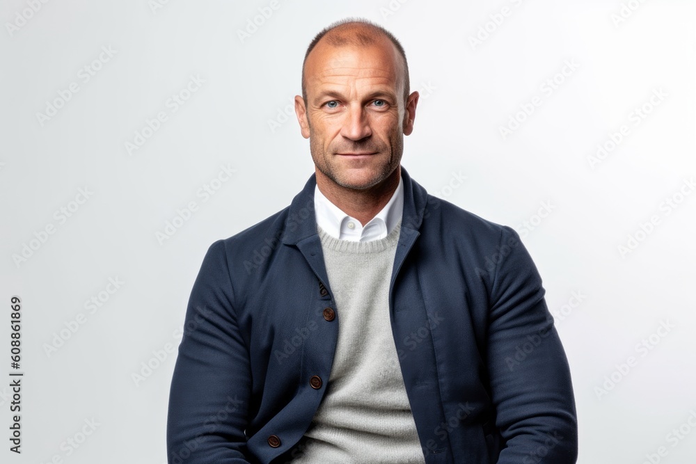 Portrait of a bald man in a blue jacket on a white background Portrait of a bald man in a blue jacket on a white background