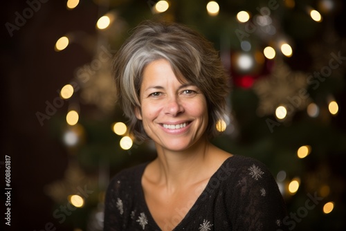 Portrait of a smiling middle-aged woman in front of a Christmas tree