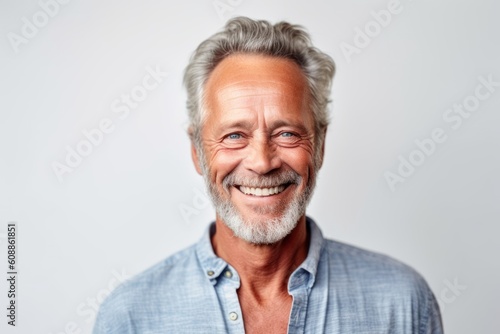 Medium shot portrait photography of a grinning man in his 60s that is wearing a simple tunic against a white background . Generative AI