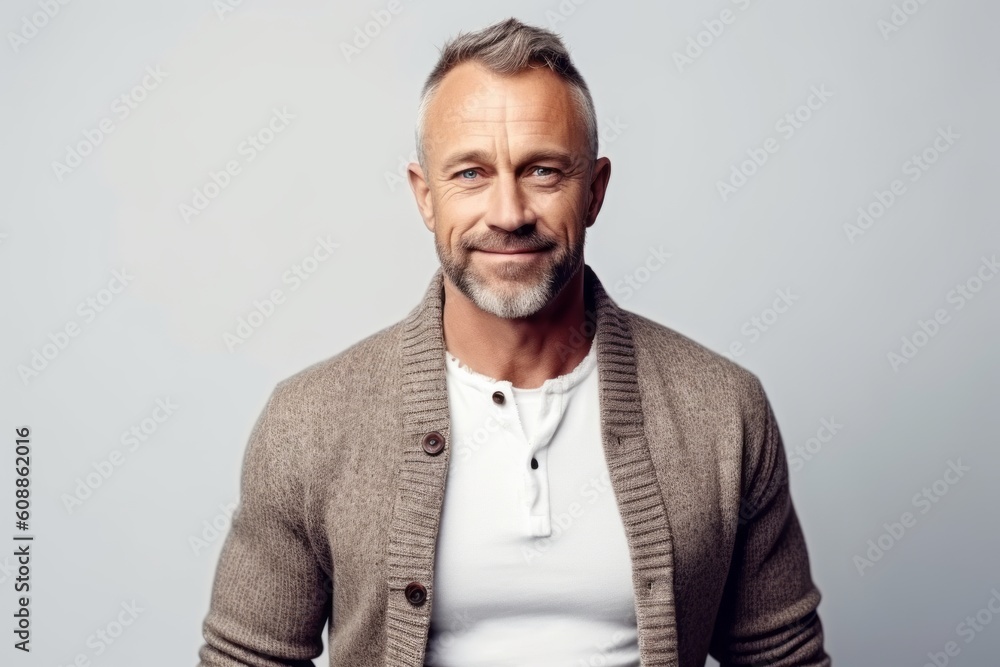 Handsome mature man looking at camera and smiling while standing against grey background Handsome mature man looking at camera and smiling while standing against grey background