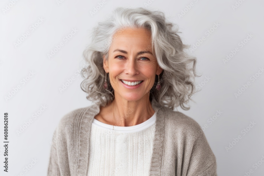 Portrait of smiling senior woman with grey hair against white background. Portrait of smiling senior woman with grey hair against white background.