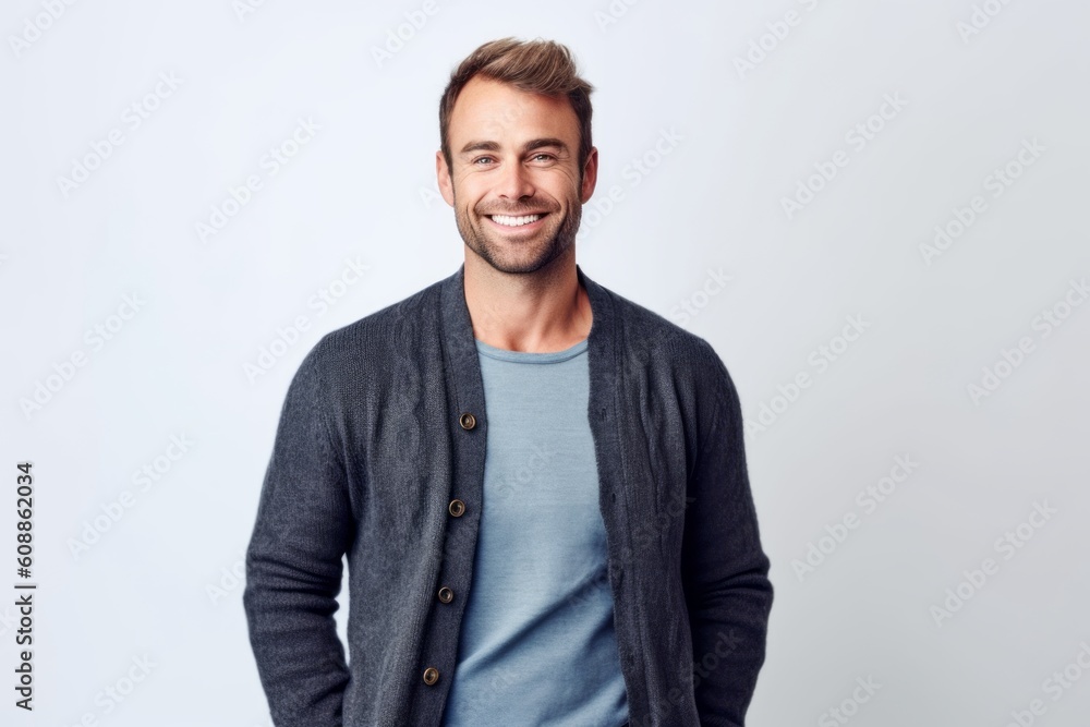 Portrait of a handsome young man smiling at camera while standing against grey background Portrait of a handsome young man smiling at camera while standing against grey background