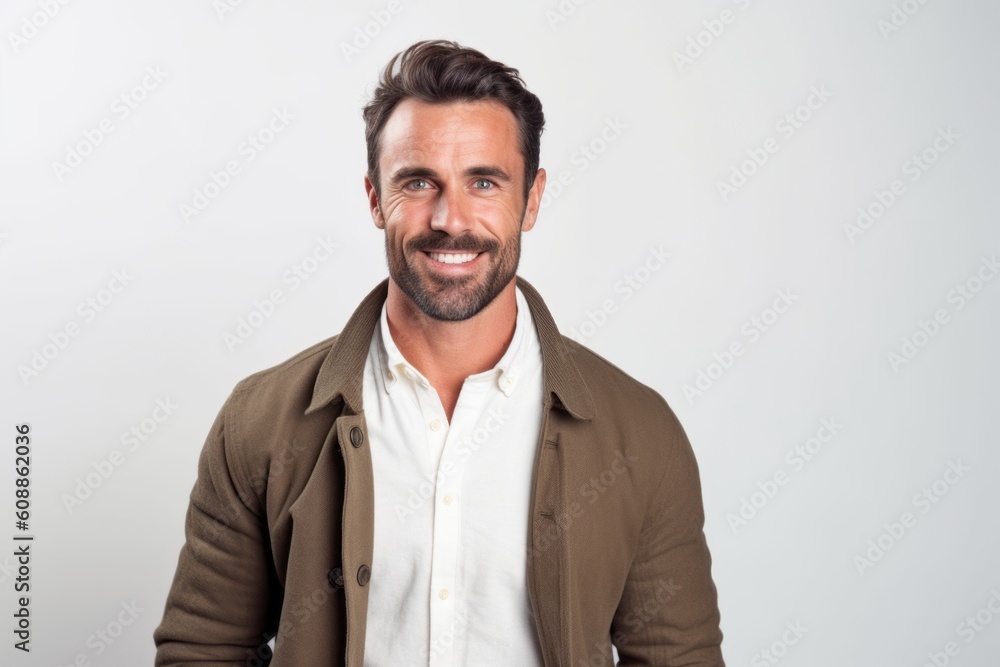 Handsome man smiling and looking at camera over white background.