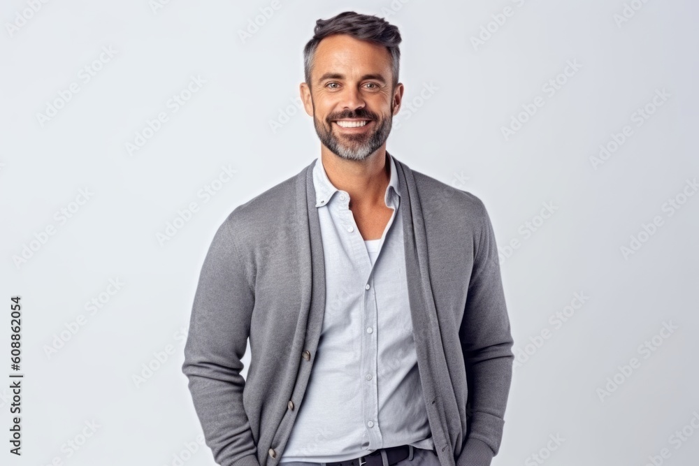 Portrait of handsome mature man smiling and looking at camera while standing against grey background Portrait of handsome mature man smiling and looking at camera while standing against grey background