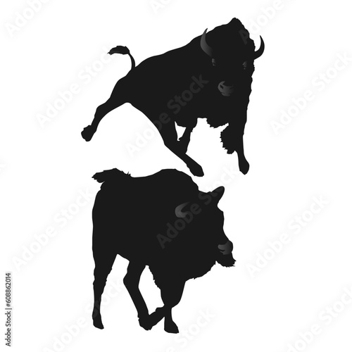 Two bison are silhouetted against a white background.