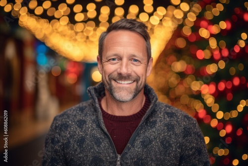 Portrait of a handsome mature man smiling at the camera in front of a Christmas tree