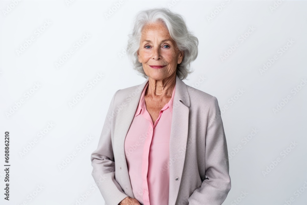 Portrait of senior businesswoman standing with hands in pockets against white background Portrait of senior businesswoman standing with hands in pockets against white background