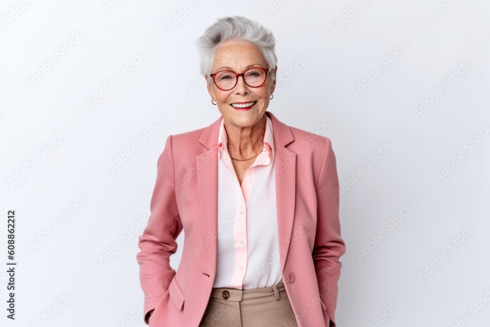 Cheerful senior woman in eyeglasses standing against white background Cheerful senior woman in eyeglasses standing against white background