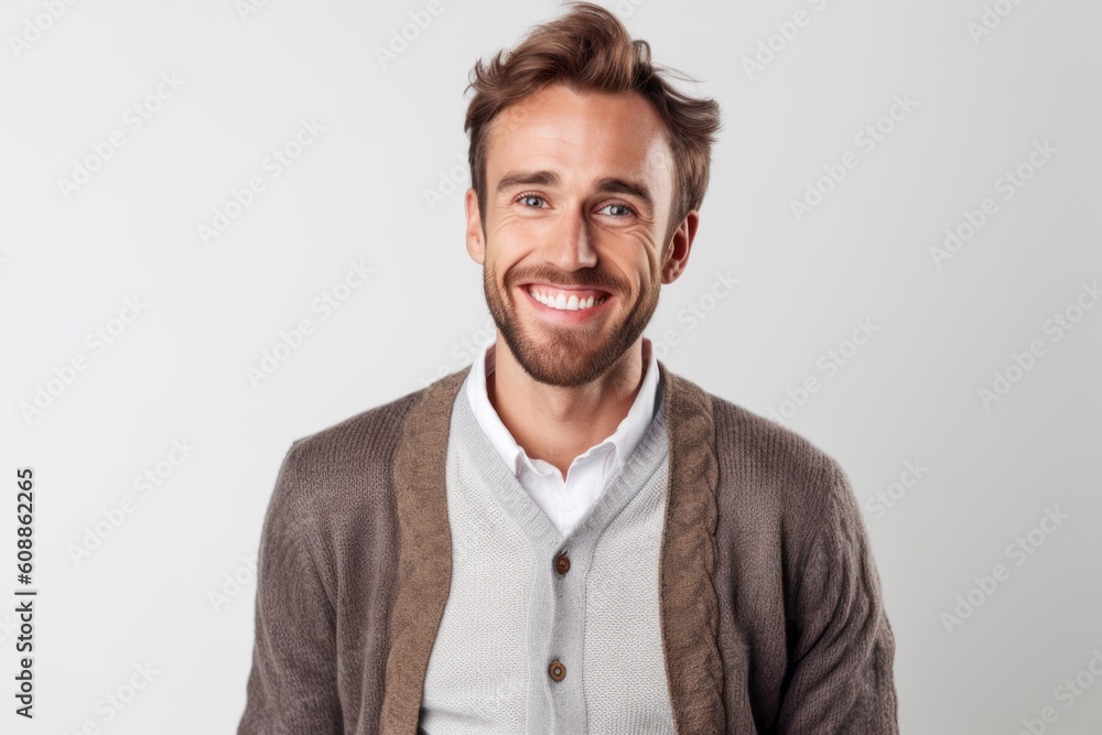 Portrait of a handsome young man smiling and looking at camera over gray background Portrait of a handsome young man smiling and looking at camera over gray background