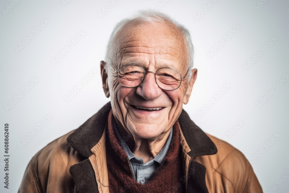 Portrait of a senior man with glasses smiling at the camera.