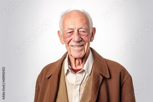 Elderly man suffering from toothache on white background. Studio shot.