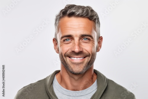 Close up portrait of a handsome mature man smiling and looking at camera over white background
