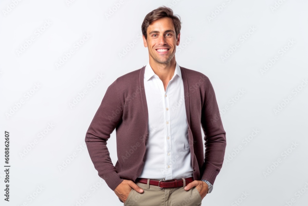 Fototapeta premium Portrait of a handsome young man standing with hands in pockets on white background