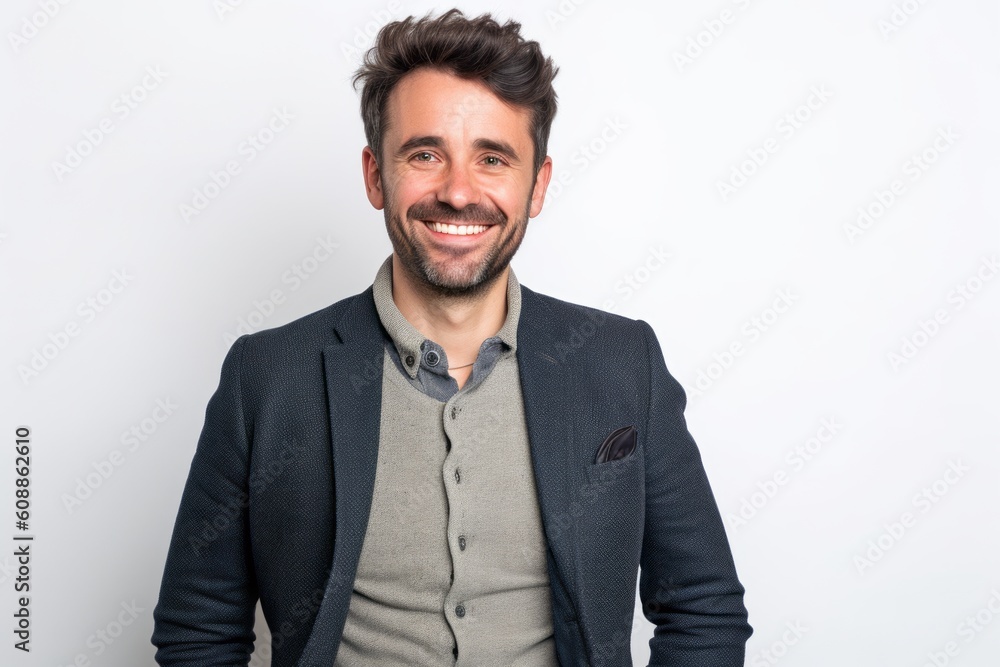 Portrait of handsome Hispanic man smiling and looking at camera while standing against white background Portrait of handsome Hispanic man smiling and looking at camera while standing against white background