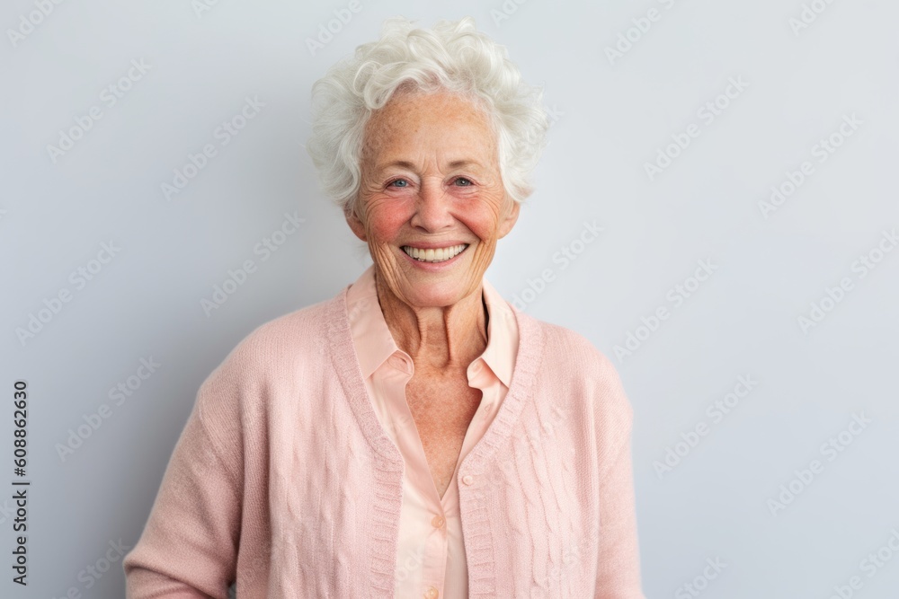 Portrait of a smiling senior woman looking at camera against grey background Portrait of a smiling senior woman looking at camera against grey background