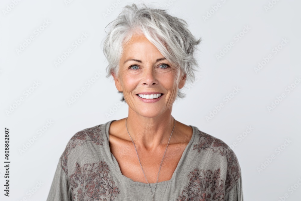 Portrait of a smiling senior woman looking at camera over white background Portrait of a smiling senior woman looking at camera over white background