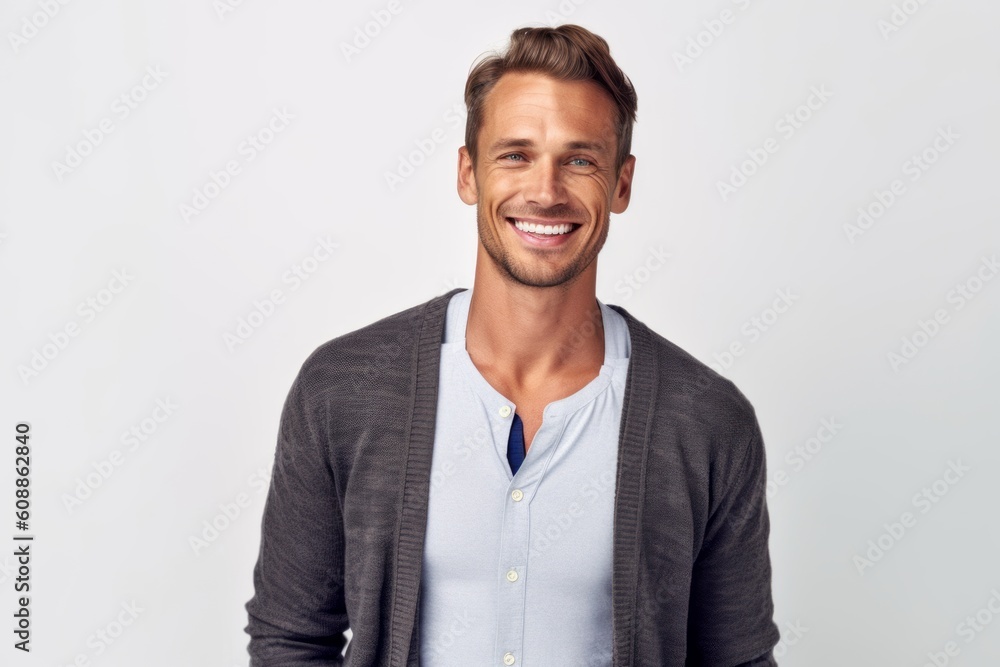 Handsome young man looking at camera and smiling while standing against grey background Handsome young man looking at camera and smiling while standing against grey background