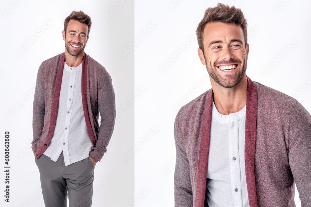 Portrait of a handsome young man smiling at camera while standing against white background Portrait of a handsome young man smiling at camera while standing against white background