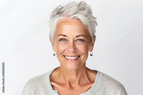 Portrait of a smiling senior woman with grey hair standing against white background