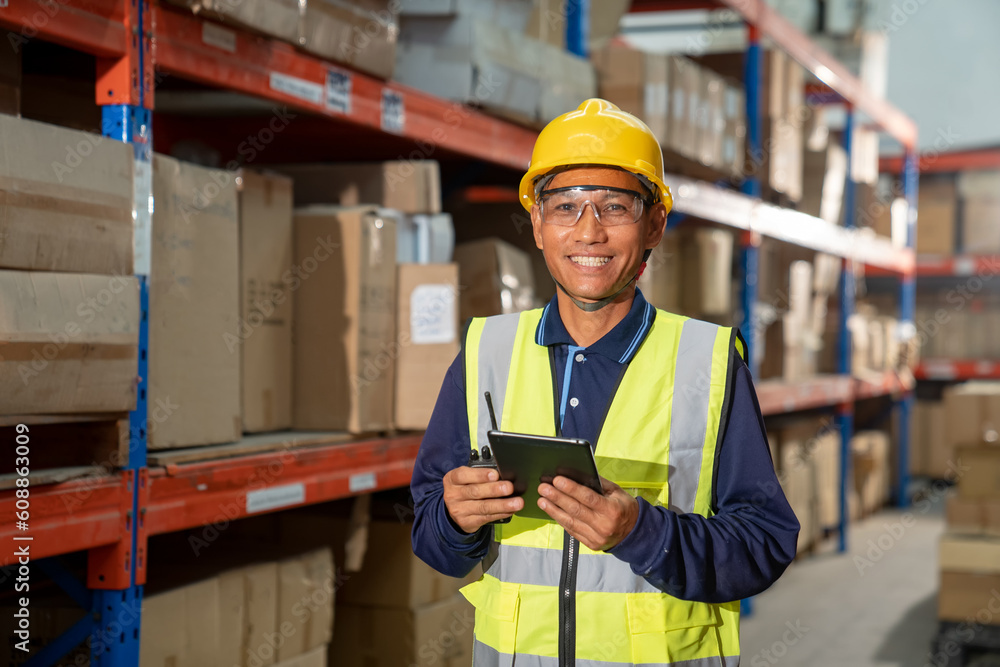 Male warehouse worker portrait in warehouse storage Male warehouse worker portrait in warehouse storage