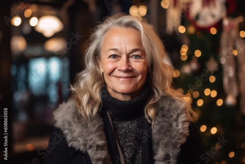 Portrait of smiling senior woman in winter clothes at christmas market