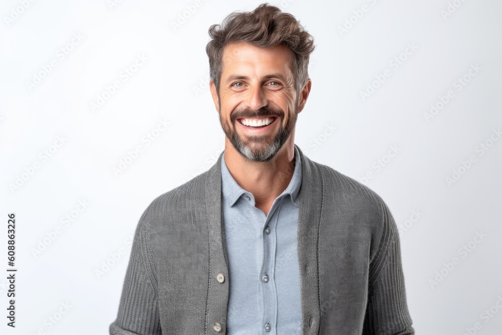 Portrait of a handsome middle-aged man smiling on a white background Portrait of a handsome middle-aged man smiling on a white background