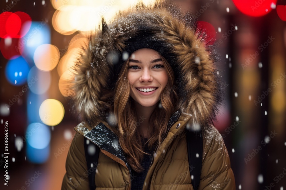 winter, christmas, happiness and people concept - smiling young woman in winter clothes over night lights background winter, christmas, happiness and people concept - smiling young woman in winter clothes over night lights background